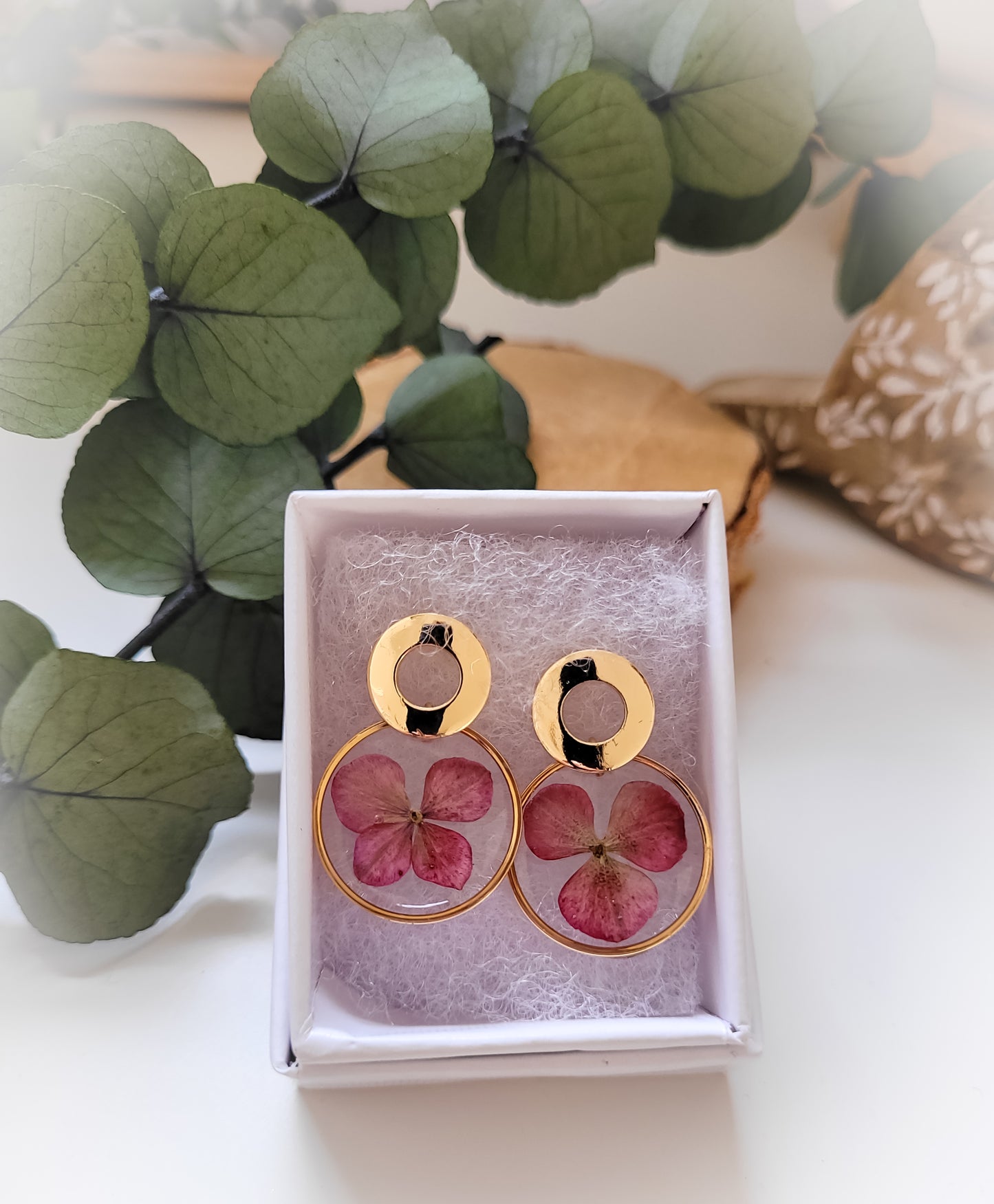 Red hydrangea hoop earrings