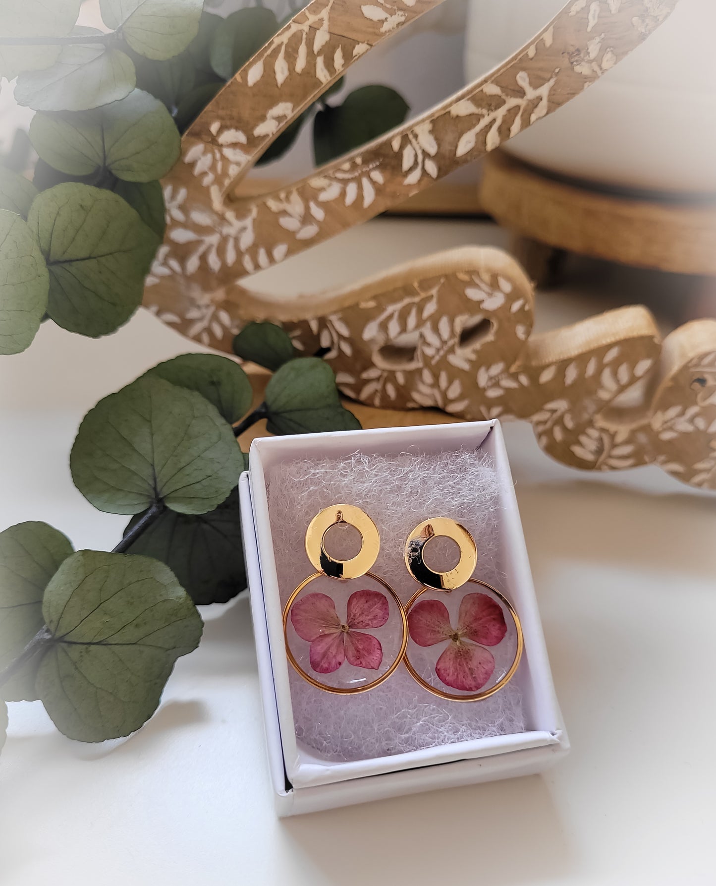 Red hydrangea hoop earrings