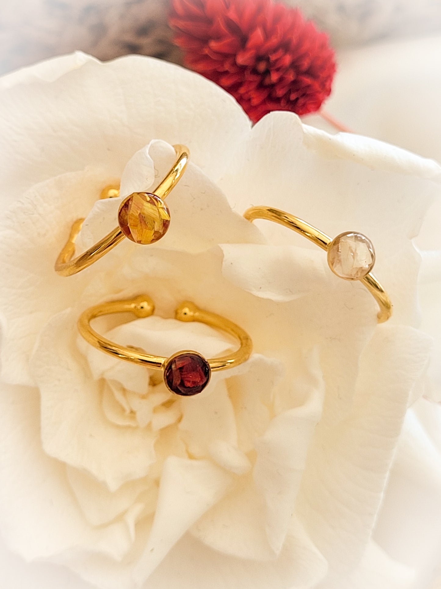 Bagues fleuris de pétales d'immortelles blanche rouge ou jaune