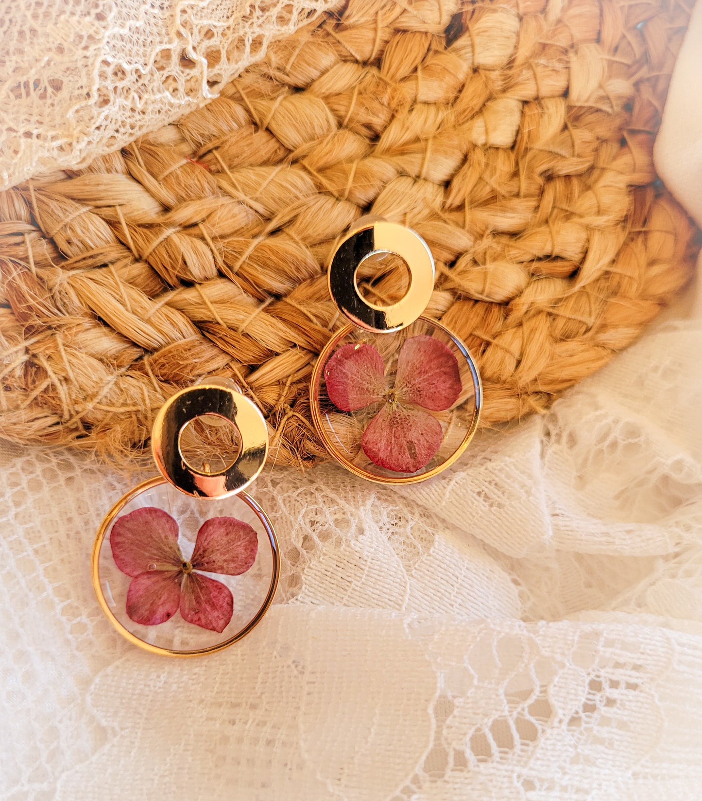Red hydrangea hoop earrings
