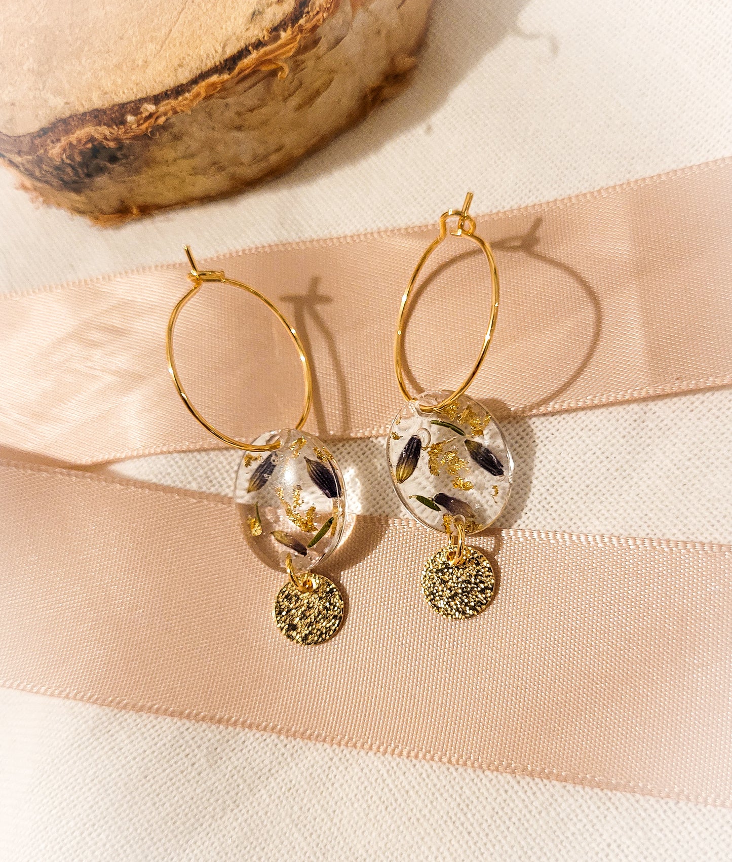 Lavender hoop earrings with golden sequin
