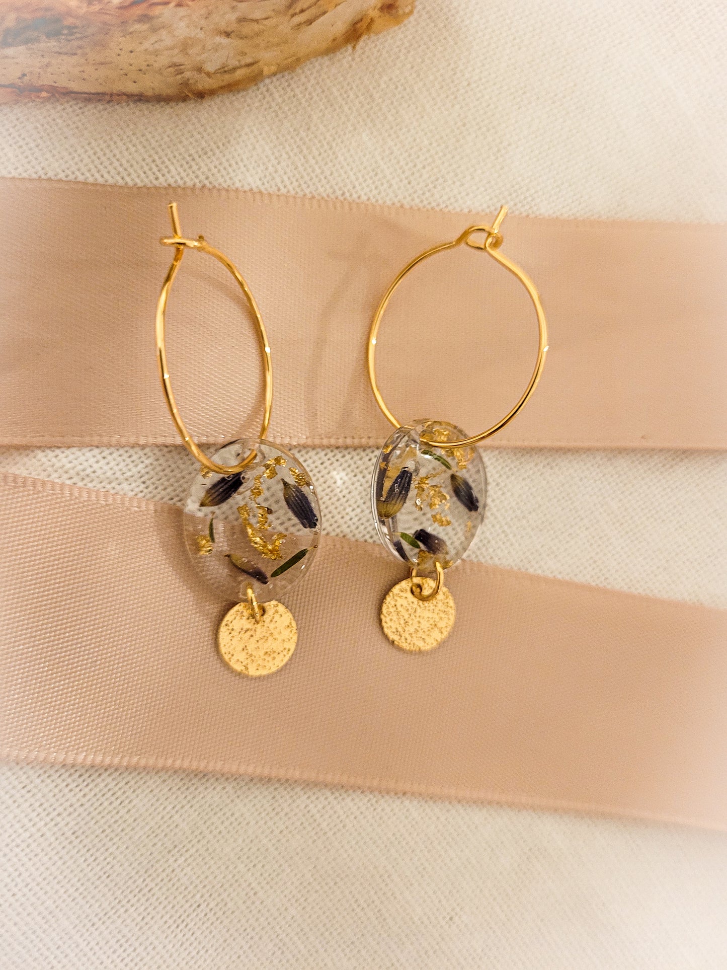 Lavender hoop earrings with golden sequin