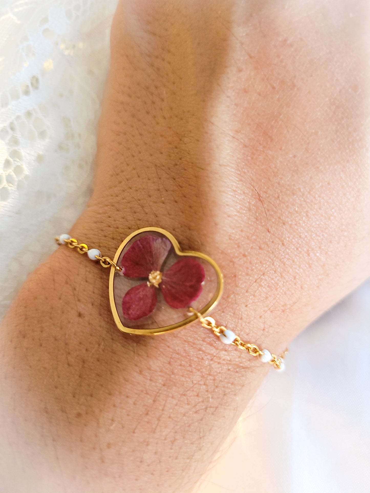 Bracelet coeur hortensia rouge