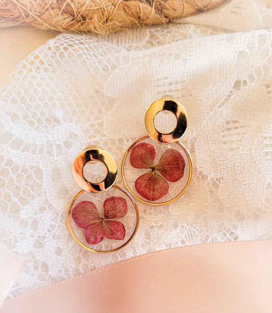 Red hydrangea hoop earrings