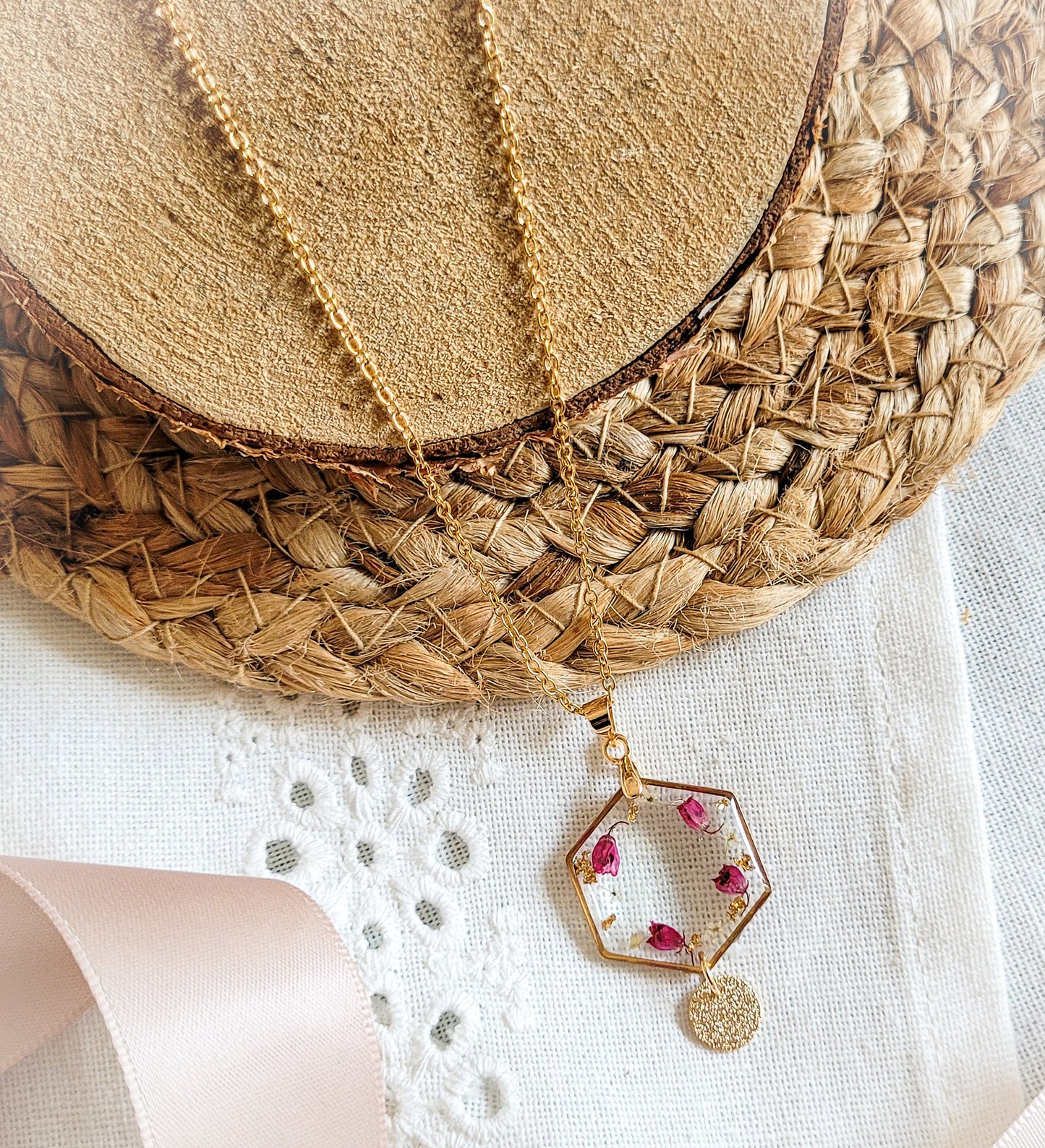 Heather and lace hexagon necklace